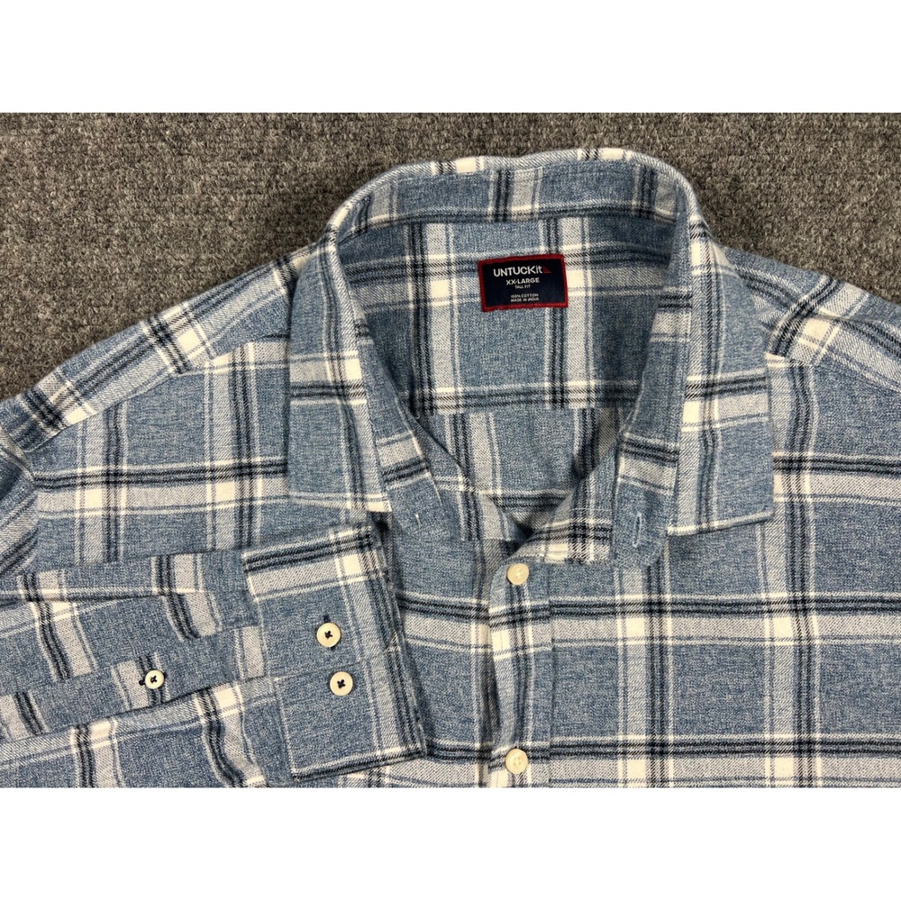 UNTUCKit Mens XXL Tall Fit Blue Plaid Flannel Button Down Shirt 100% Cotton